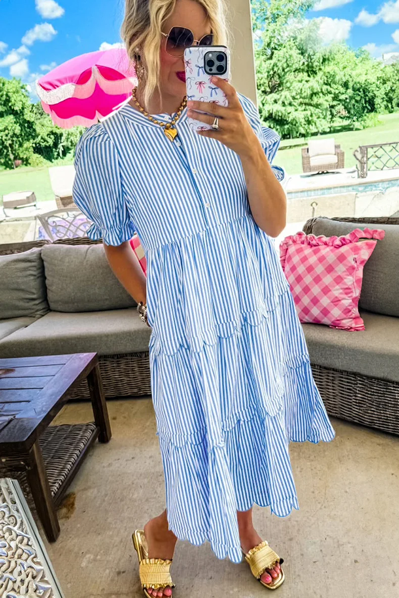 Verão nova camisa listrada vestido feminino 2025 o-pescoço mangas puff casual solto babados em camadas midi vestidos femininos