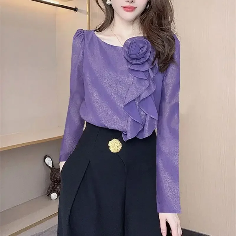 

New Elegant Spring Blouse Women Fashion 3D Flower Ruffles O-neck Puff Long Sleeve Luxury Shirt Solid Color Top Clothing