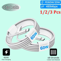 1/2/3Pcs PD 60W USB C to USB Type C Cable Fast Charge Data Cable For iPhone 16 15 Pro Huawei Samsung Xiaomi Data Line 1M 1.5M 2M