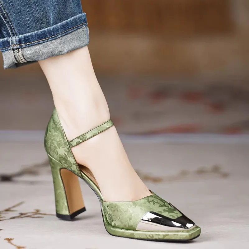 Square Toe High Heels Women Shoes Elegant Chunky Party 2024 Autumn Shoes Designer Buckle Pumps Walking Fashion Femme Chaussures
