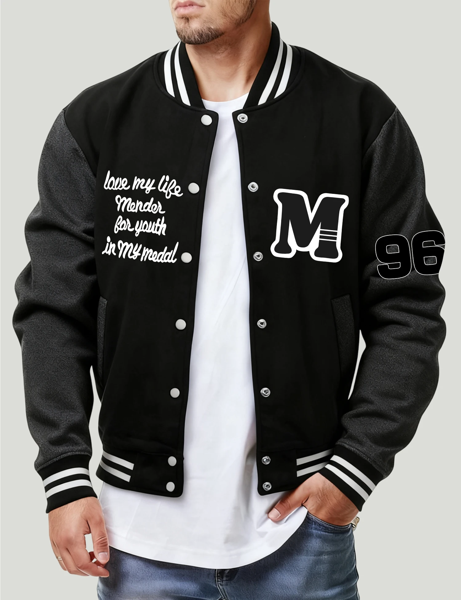 

Art Letter M And No.96 Print Men Jacket Harajuku Fleece Baseball Jersey Fashion Button Streetwear Unisex Vintage Loose Clothes