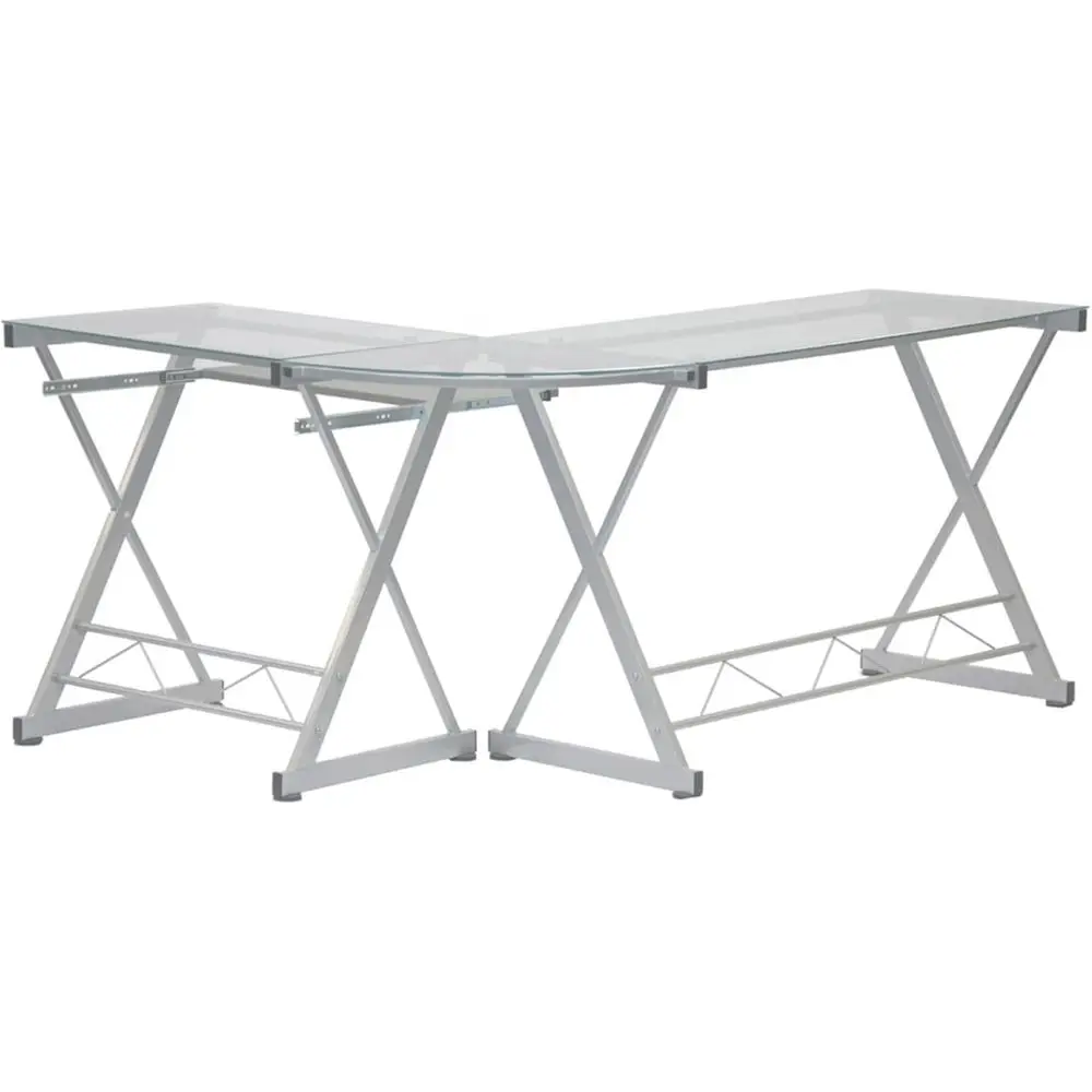 Reversible L-Shaped Glass Computer Desk with Pull-Out Tray for Home Office or Study