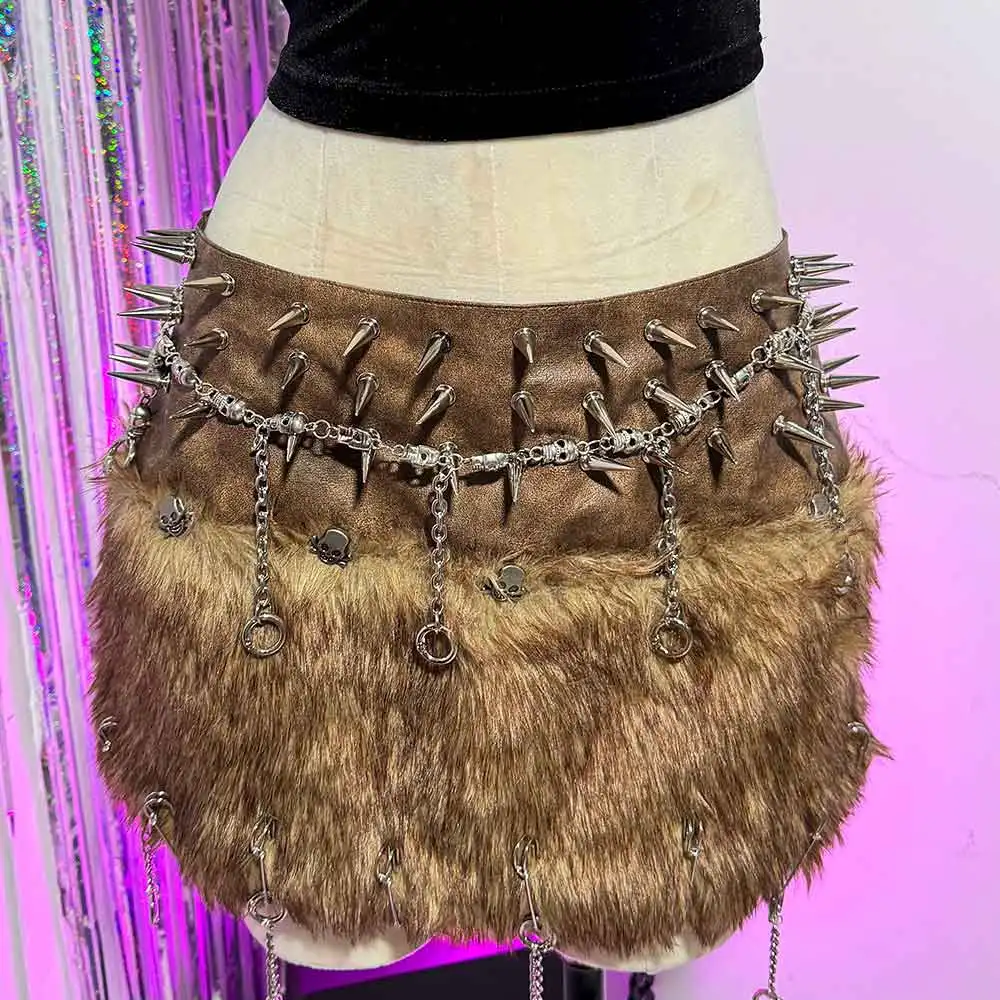 原宿系 カワイイ ティーン Y2K ヴィーガンレザー エモ スタッズ付き リベット エコ ゴス パンク ロック スタッズ付き ゴシック フェイクファー スカート グランジ ハンドメイド