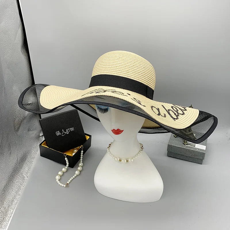 Summer Warp Knitted Satin In Stock Female Sequined Letters Big Brim  Sun Protection Dome Wide Brim Hat Lightweight