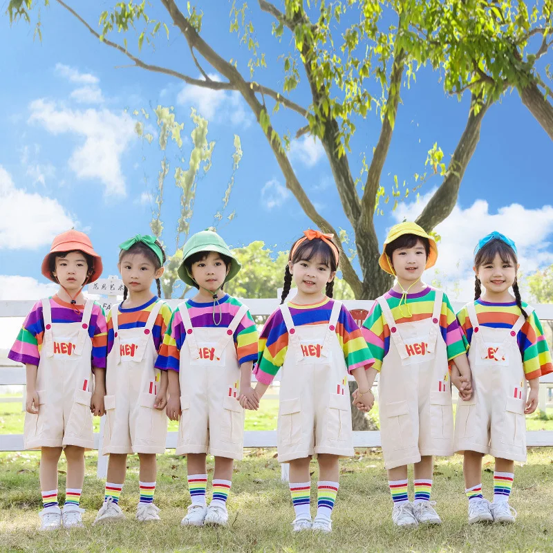 Children's performance costumes, kindergarten rainbow cute suspender pants, dance performance costumes, elementary school cheerl