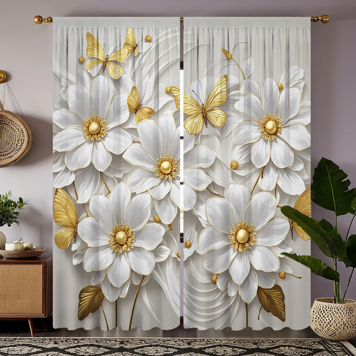 2-piece HD digital white Tie Gold butterfly flower curtain Home decoration style decoration living room bedroom wear rod curtain