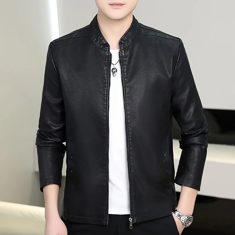 

High-quality, fashionable men's cool, versatile, trendy casual solid color trendy coat, leather jacket, PU jacket