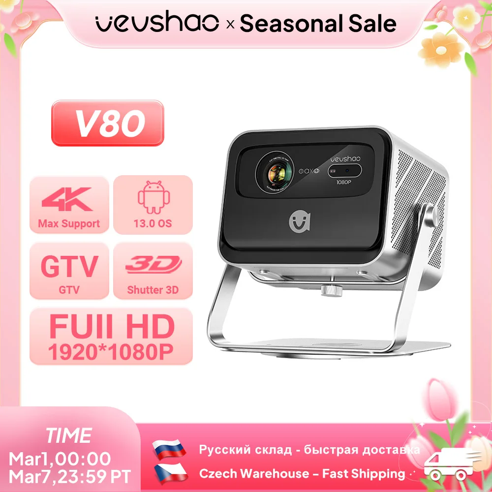 

VEVSHAO V80 4K Projector Full HD1080P 2200 Anis Lumens Android 11.0 WiFi 6 Video Home Movie Theater Projectors with Base Stand