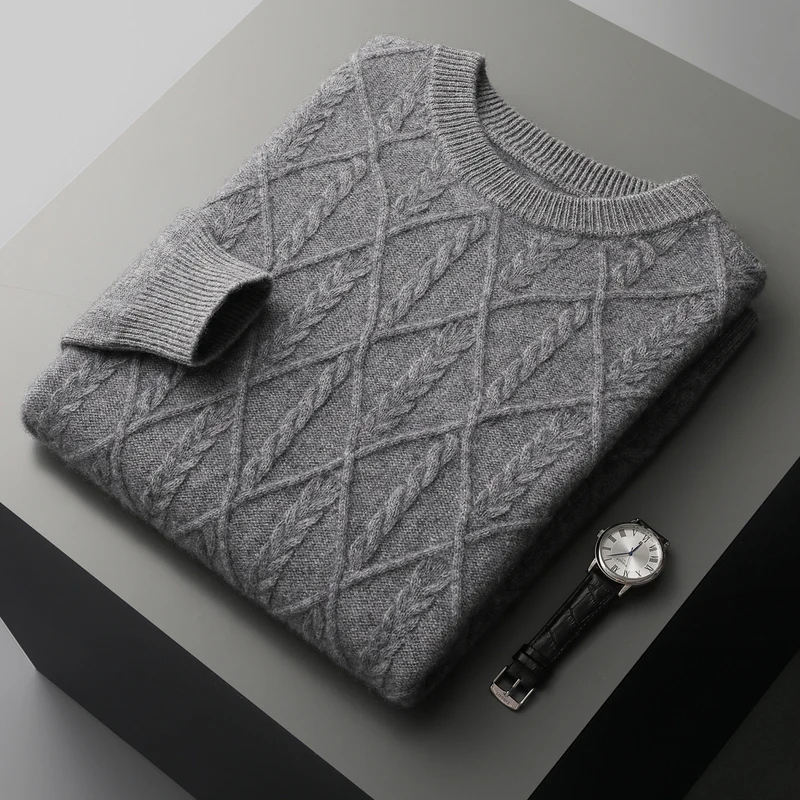 

Autumn Winter New Round Neck 100% Cashmere Sweater Men's Long Sleeve Pullover Diamond Check Cable Cashmere Knitwear