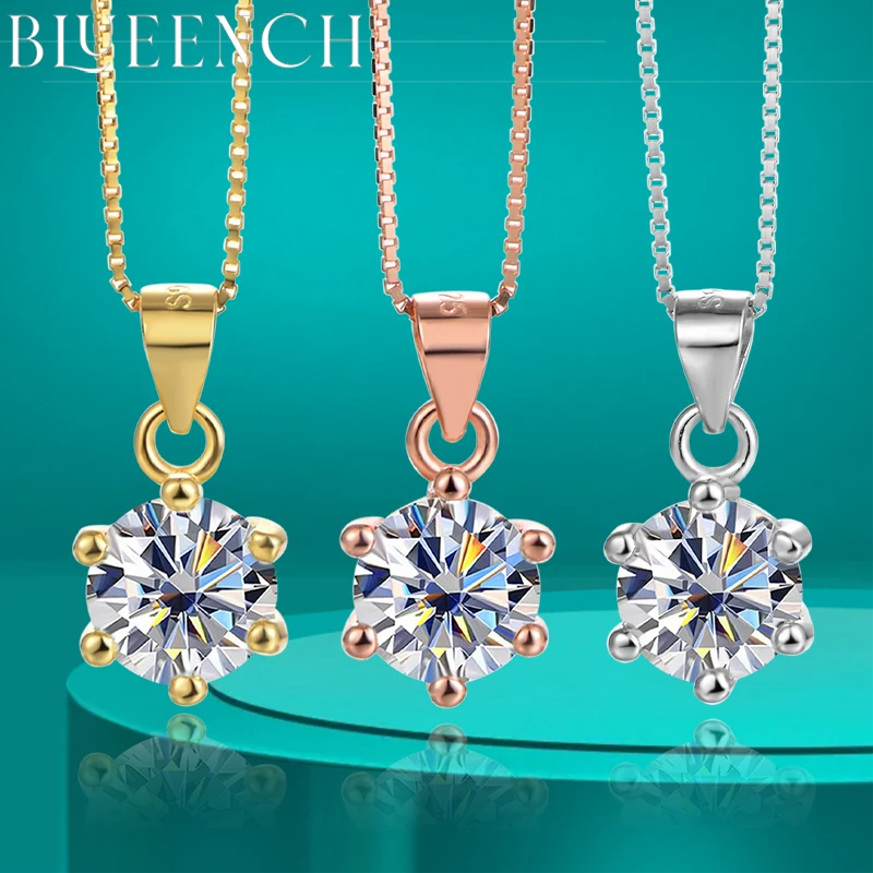 BLUEENCH 1ct D Color Moissanite Pendant Necklace for Women Wedding 100% S925 Solid Silver Necklace Chain Plated 18K Anniversary