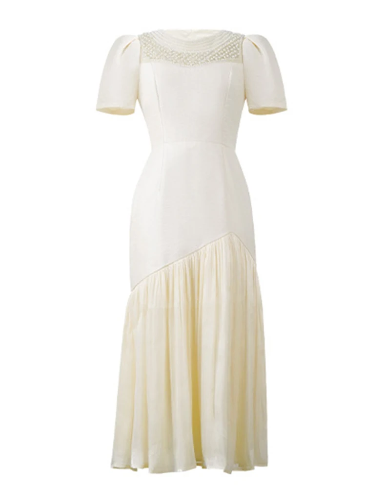 Elegancka, luksusowa sukienka maxi z perłami, bufiastymi rękawami, falbanami, asymetrycznym krojem, dopasowana, idealna na formalne przyjęcia, urodziny, wieczorne wyjścia, sukienka damska, vestidos, nowa.