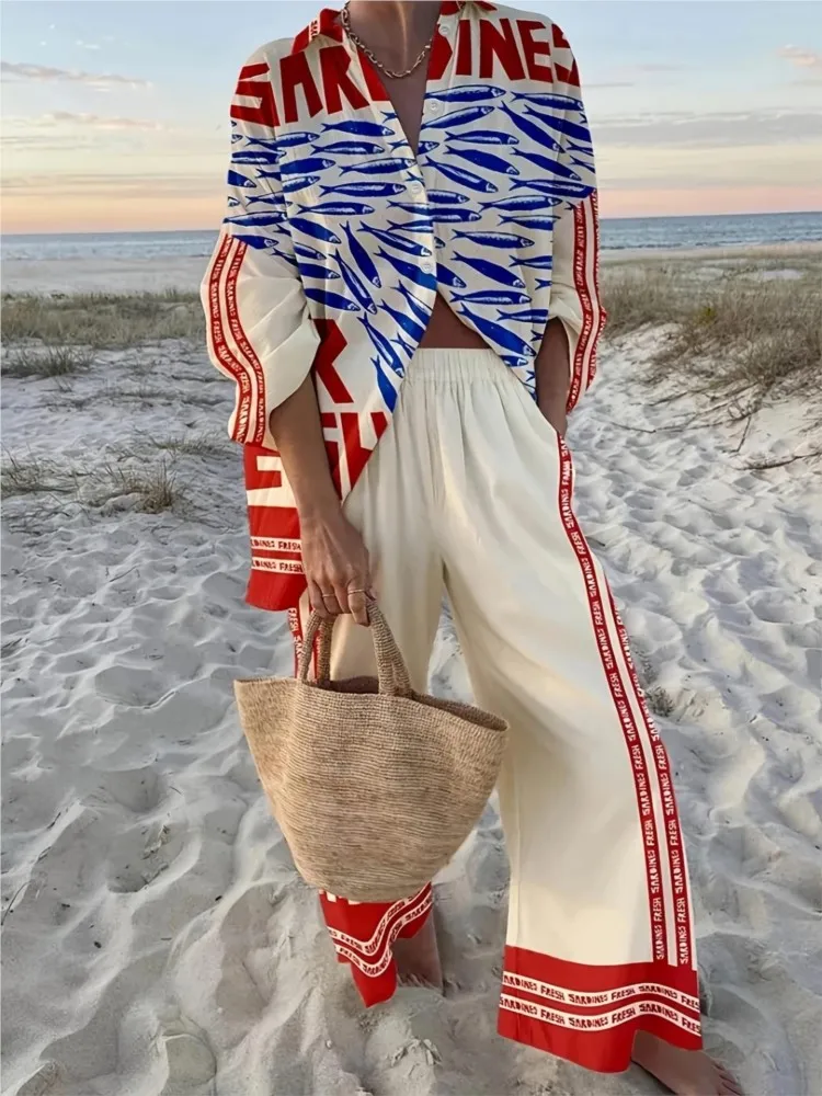 موضة التلبيب كم طويل واحدة الصدر قميص علوي + السراويل 2 قطعة مجموعة المرأة شاطئ البحر عطلة نمط طباعة دعوى أنثى عادية #6