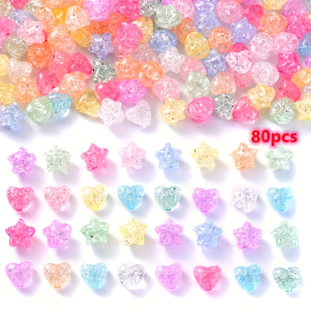 Combination of 80 11mm Acrylic Beads, Mixed with Star and Heart Shapes, Transparent Crack Surface, Suitable for DIY Jewelry Maki
