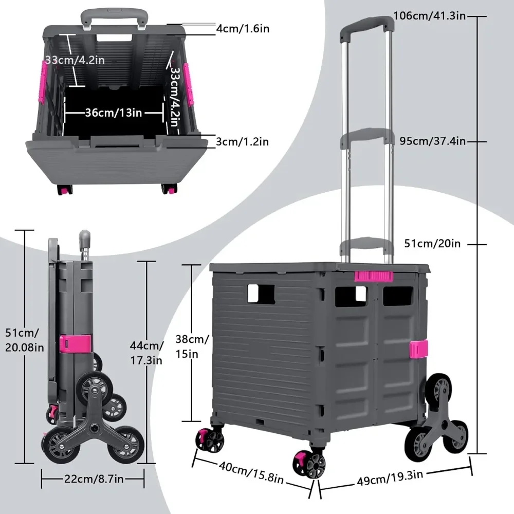 Foldable Utility Cart w/Stair Climbing Wheels, Collapsible Rolling Crate w/Magnetic Lid, Adjustable Telescoping Handle