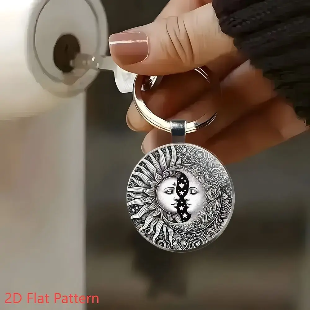 Fashion Vintage Sun Moon Keychain Alloy Unique Circular Key Pendant Universal Simple Car Key Ring For Men's and Women's