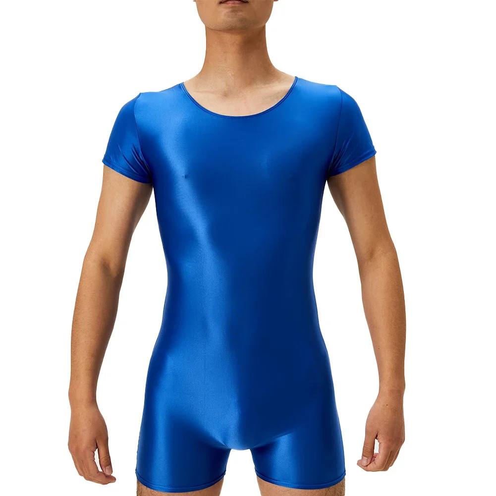 

Мужской глянцевый комбинезон с коротким рукавом, эластичный, облегающий, для фитнеса, спорта, плавания, атласный костюм-боди