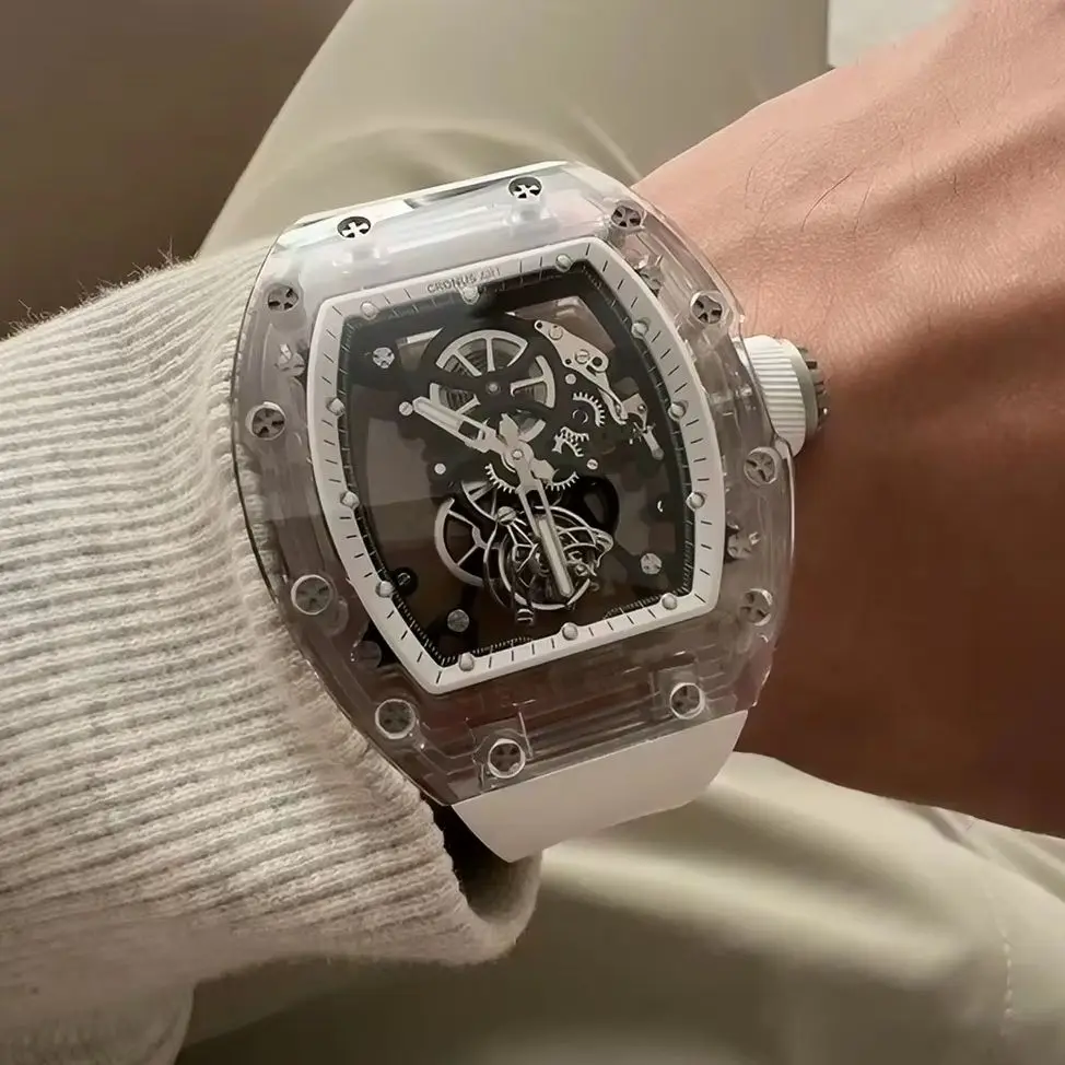 CRONUSART Men Tourbillon Watch 50mm Tonneau Mechanical Wristwatch Sapphire Case & Mirror Luminous Skeleton Dial FKM Strap