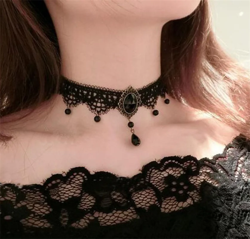 Gargantilla de tatuaje con borlas de cristal Vintage, Collar de moda de estilo gótico, Gargantilla de encaje negro, Collares, Collar, regalos de joyería para mujeres y niñas
