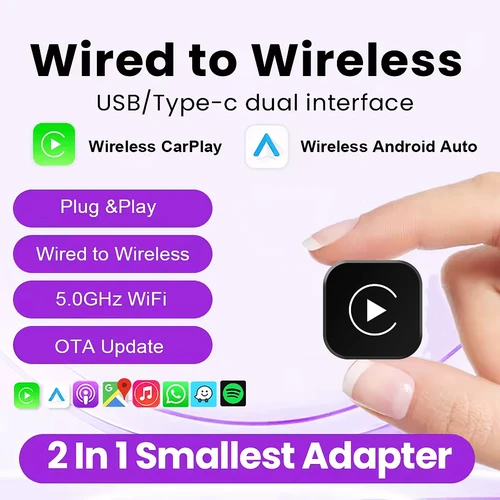 Mini adaptador 2 en 1 AI Box con cable a Carplay inalámbrico y Android Auto Compatible con 99% de coches Plug and Play WiFi Smart Dongle
