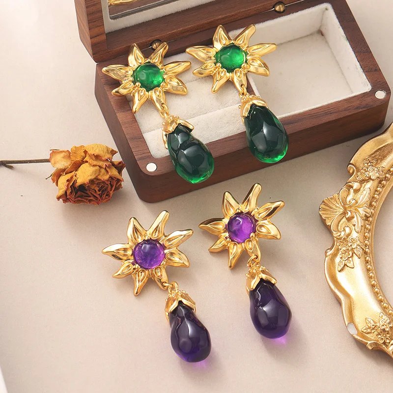 Vintage Style Gold Color Alloy Star Flower Earrings with Green/Violet Crystal Teardrop Dangle - Women's Party Jewelry