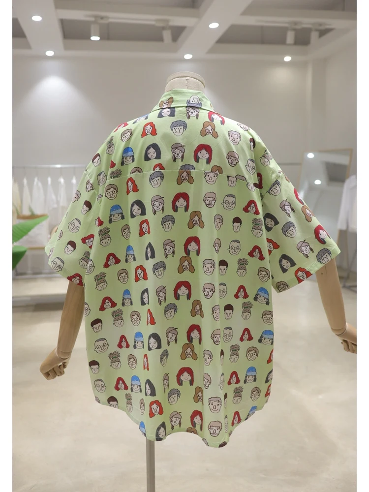 Blusa holgada de algodón de manga corta para verano, Camisa cómoda y transpirable con estampado de cabeza de dibujos animados, longitud media por debajo de la cadera, 2024