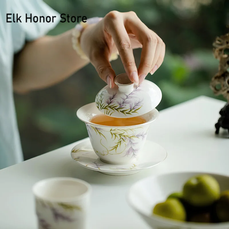 150ml Pure Hand-painted Wisteria Flower Gaiwan Luxury Tracing Silver Tea Tureen Household Tea Maker Cover Bowl Cafes Decoration