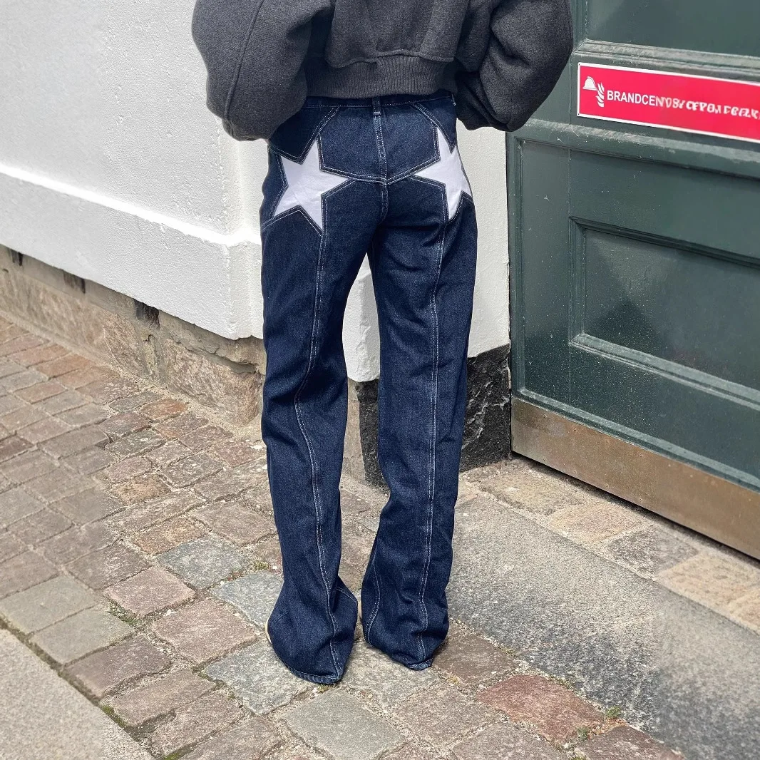 

European and American retro y2k spicy girl back five pointed star jeans with contrasting color splicing casual pants
