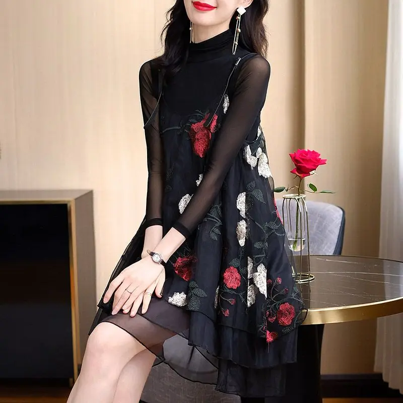 Vintage Stylish Floral Embroidery Dresses Spring Autumn Two Piece Set Female Clothing Gauze Patchwork A-Line Slip Mini Dress New