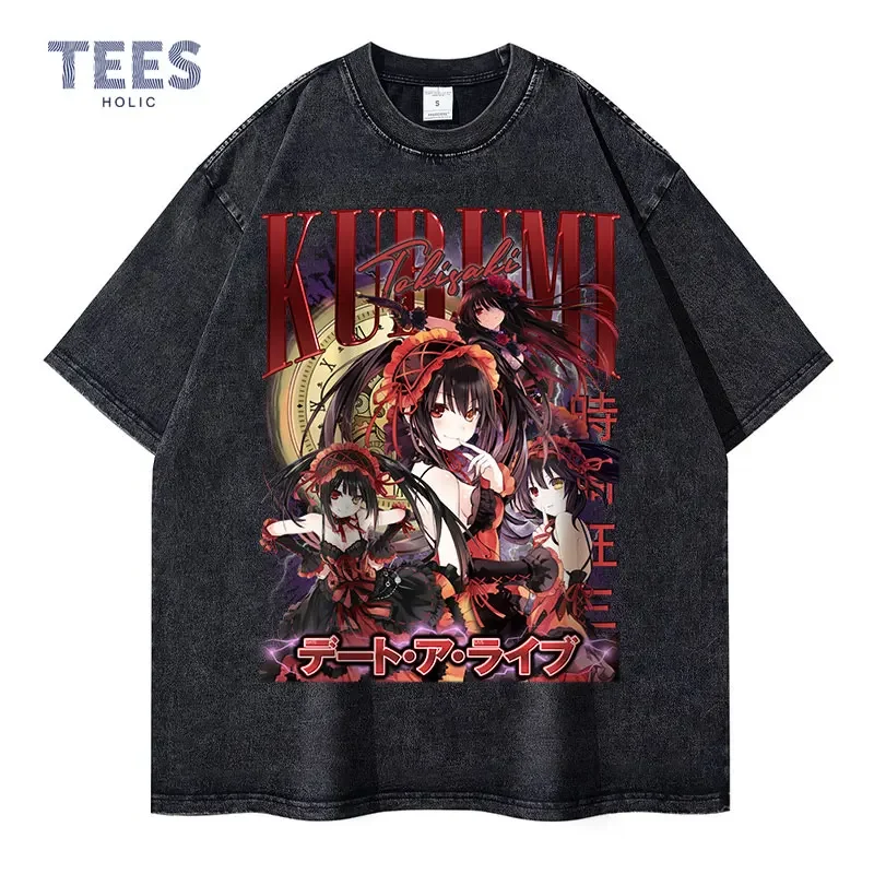 

Tokisaki Kurumi T Shirts Oversized Vintage Washed Anime Deto A Raibu T-shirt Streetwear Short Sleeve Retro Manga Tops Tees Men