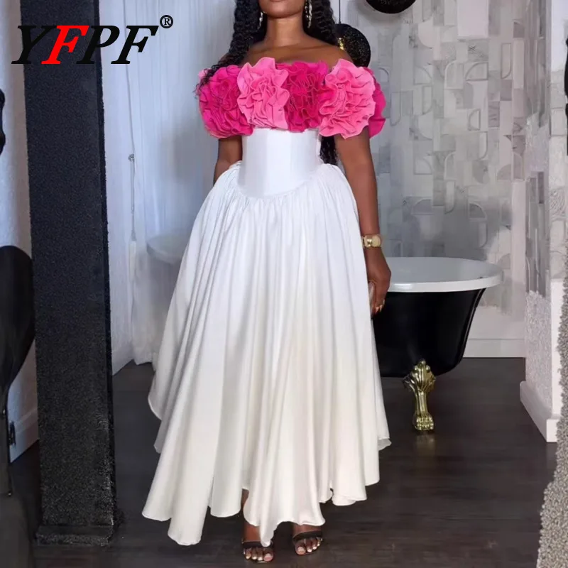

YFPF 3D Flower Patchwork Design Women's Dress Strapless Sleeveless Backless Contrast Color Party Dresses Elegant 2026 New