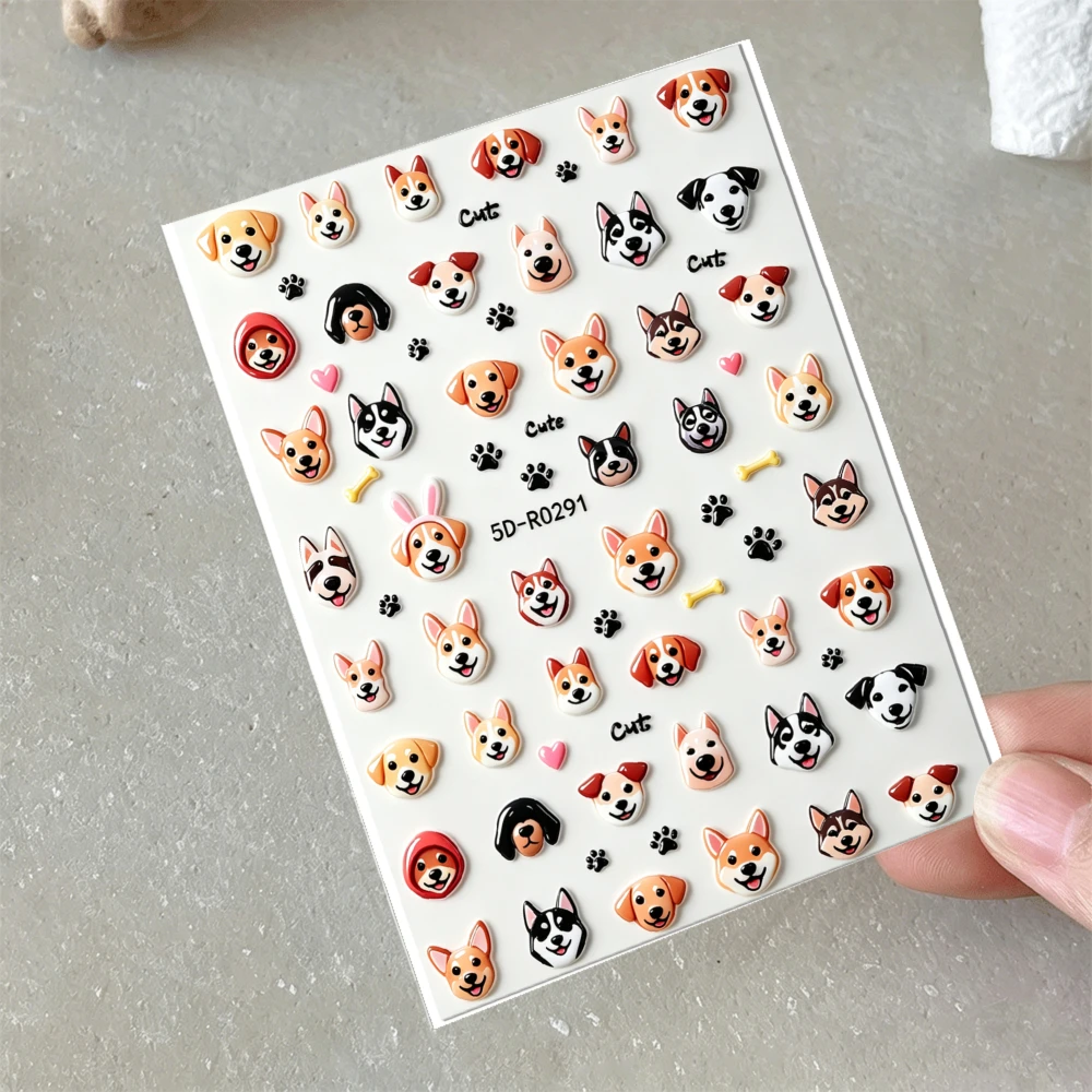 5D Embossed Cute Puppy Dog Nail Stickers Cartoon Corgi Husky Pet Dog Paw Print Nail Decals Kawaii Animal DIY Nail Decorations