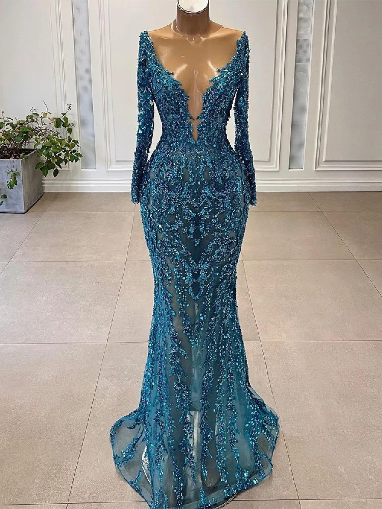 

Exquisite Mermaid Evening Dresses V Neck Long Sleeves Sequins Hollow Beaded Appliques 3D Lace Sexy Prom Dresses Custom Made