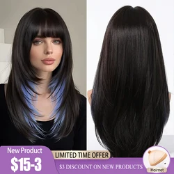 HENRY MARGU Long Layered Straight Synthetic Wig with Bang Black Mixed Blue Wig for Women Daily Cosplay Wigs Heat Resistant Fiber