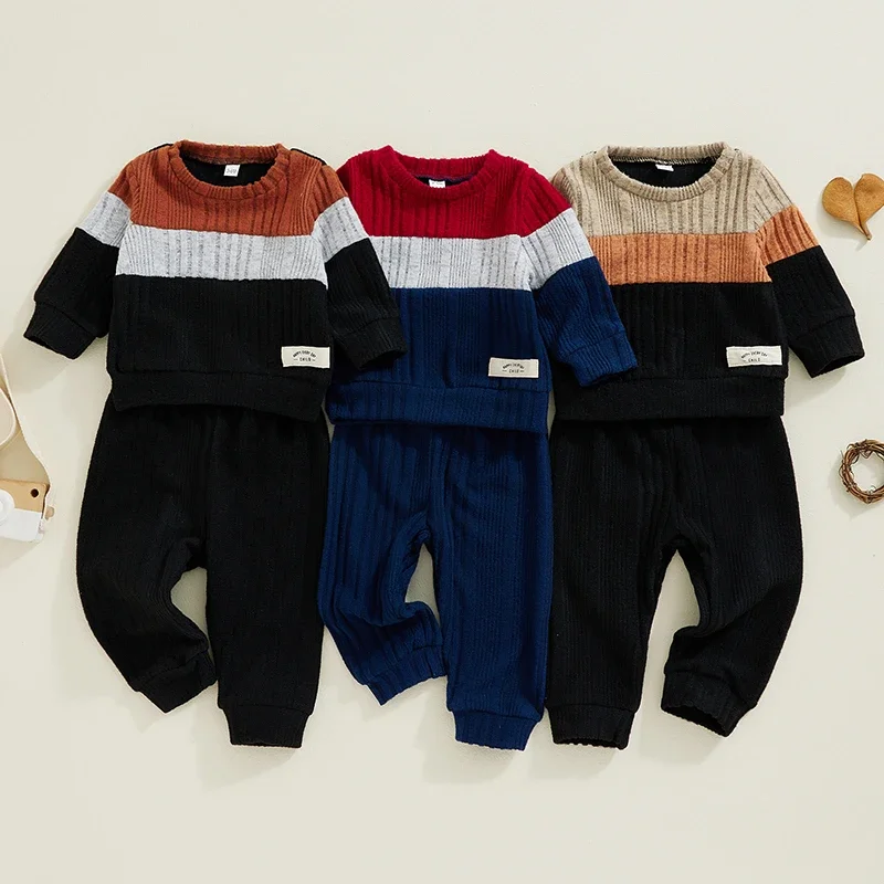 

0-24 Months Baby Boy 2Pcs Fall Winter Outfits Long Sleeve Contrast Color Sweater Elastic Waist Pants Set Warm Clothes