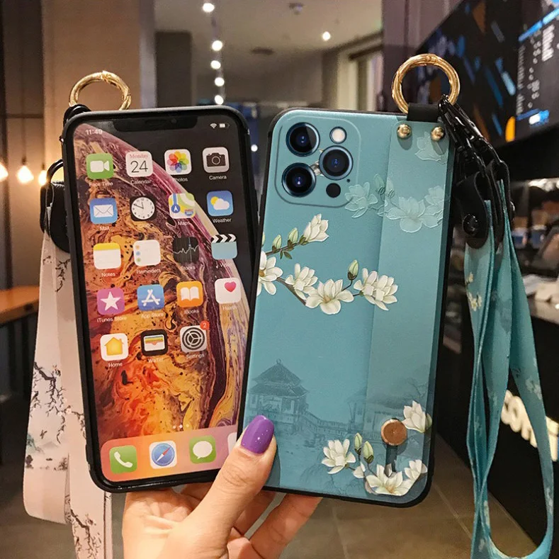 Coque de téléphone avec lanière à fleurs, étui arrière pour iPhone 16 17 15 14 13 12 11 Pro Max 16E Xs Max XR 7 8 Plus, dragonne, support de téléphone