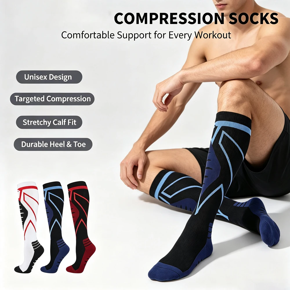 1Pair Graduated Compression Socks for Women & Men - Circulation Support for Running, Athletic Sports, Travel & Daily Wear