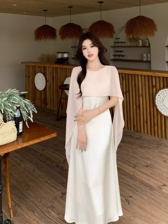 

Элегантное женское платье-накидка больших размеров с пэчворком, летнее, новое, имитация двух частей, длинная юбка, высокая талия, корейский шелк