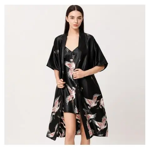 Women Nightgown Ice Silk Chinese Style Crane Print Half Sleeve Kimono Bathrobe Bride Bridesmaid Wedding Long Robe Non-suit