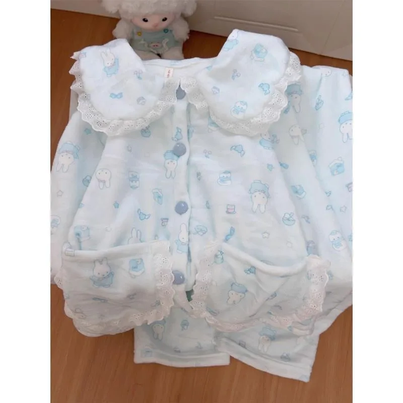 

Kawaii Rabbit Flannel Pajamas for Cute Women Winter Long Sleeves Thick Velvet Cartoon Student Home Clothes Set Girls Gifts Toys