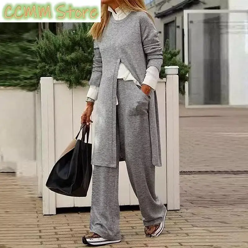 New Spring Autumn Long Sleeved Casual Outfit Lady O Neck Commuting Pocket Suits Women Solid Color Slit Long Blouse Two Piece Set