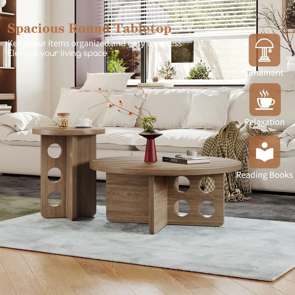 Modern 31.5 Round Nesting Coffee Table Set, 2-Piece Wooden Side Tables for Small Spaces, Brown Grain Top with Adjustable Non-Sli