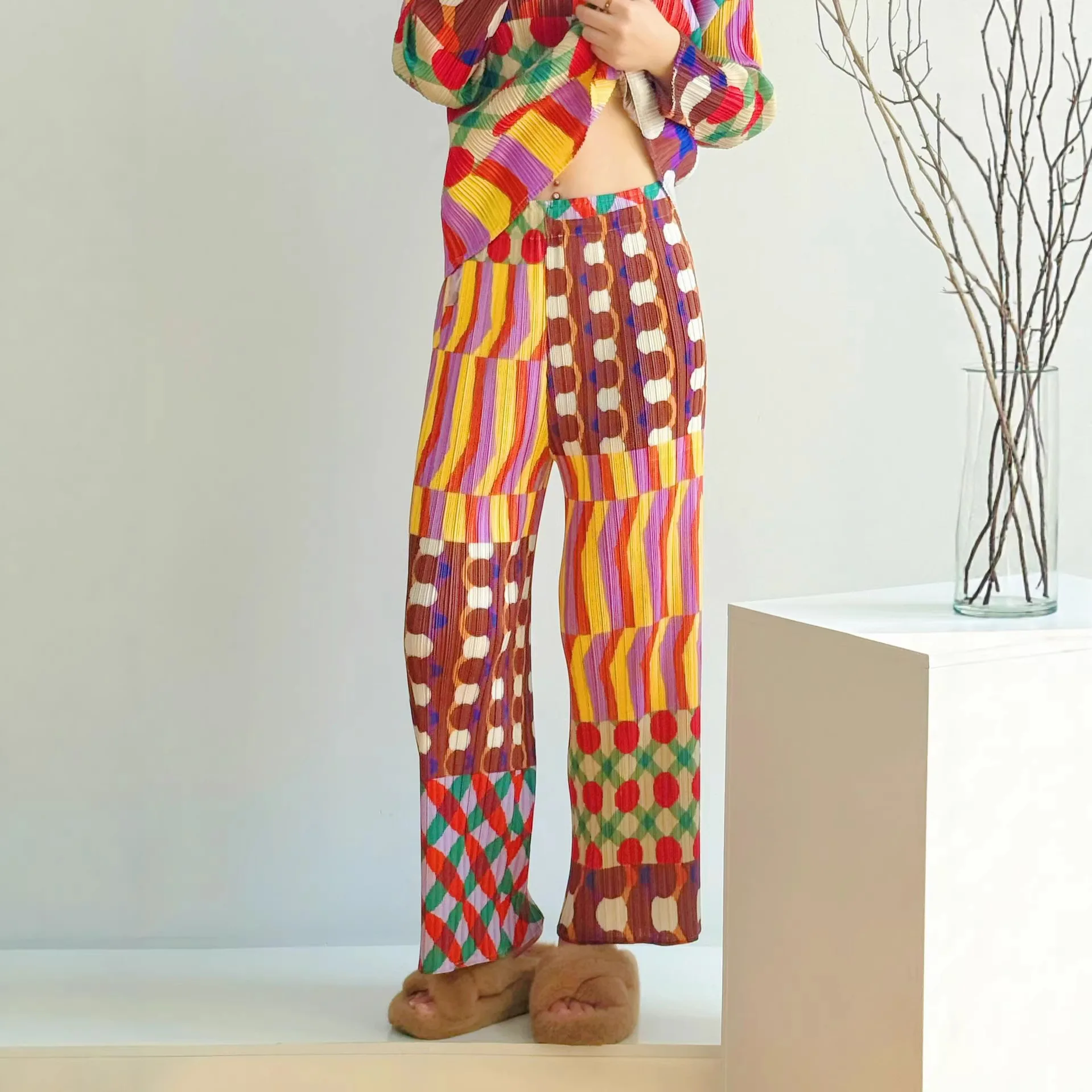 Miyake Pleated Harmony Geometric Printed Straight Pants