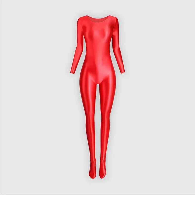 Women Long Sleeve Tight Glossy Dance Jumpsuit Bodysuit Yoga Solid Shaped Practice Rhythmic Gymnastics Leotard Swimsuit Dancewear