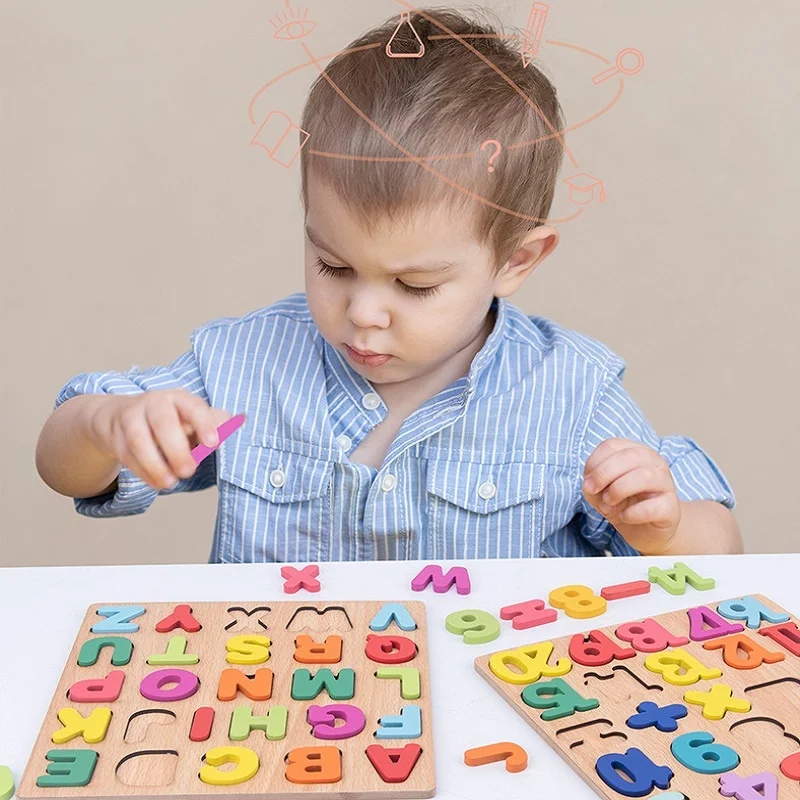 Colorful Alphabet Number Shape Matching Wooden Board 3D Puzzle Kids Early Educational Toys Montessori Preschool Children Gift