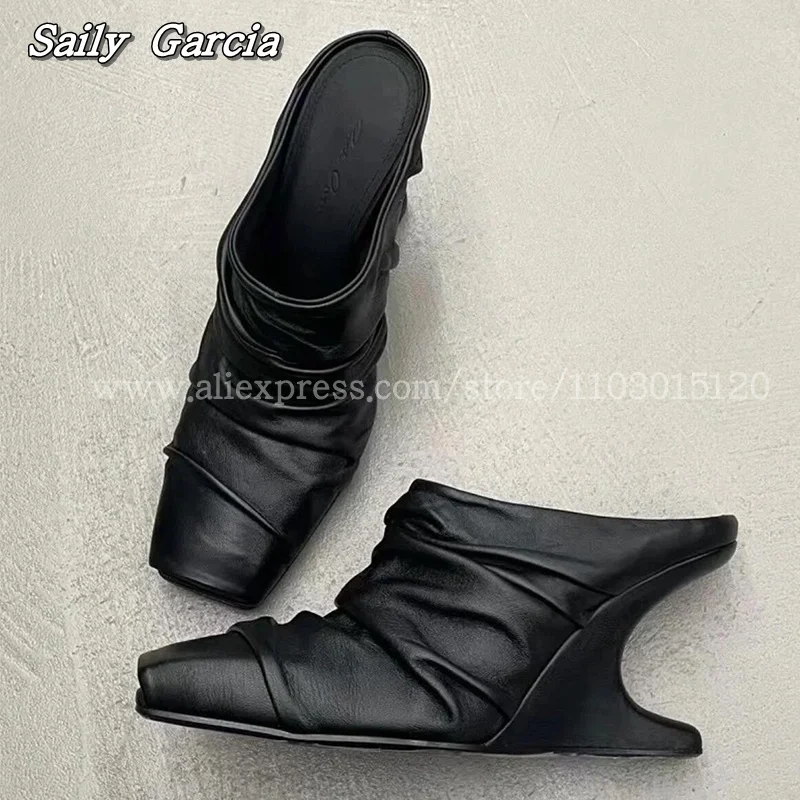 Solide plissierte seltsame Ferse Slip auf Snadal Panto letten Herbst neue Mode lässig Pumps quadratische Zehen sexy Frauen Schuhe