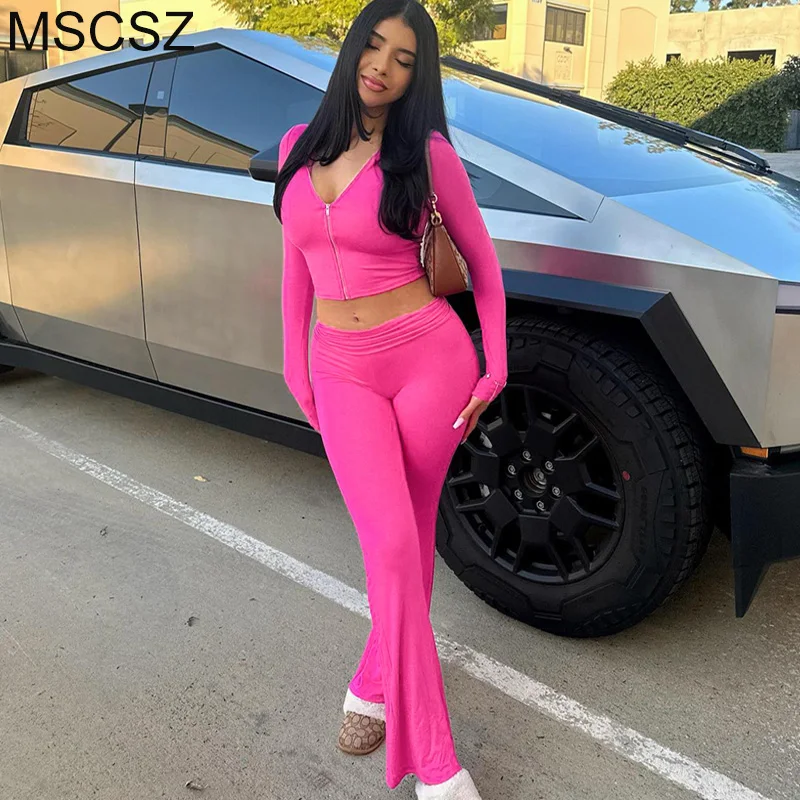 Cropped Zipper Hoodie And Flare Pants Sets Womens 2 Piece Set Holiday Night Club Outfits 2024 New In Matching Sets