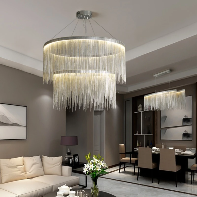Modern Circular Light Luxury Living Room Chandelier Creative Chain Tassel Restaurant Bedroom Dining Room Pendant Lamp Led Light