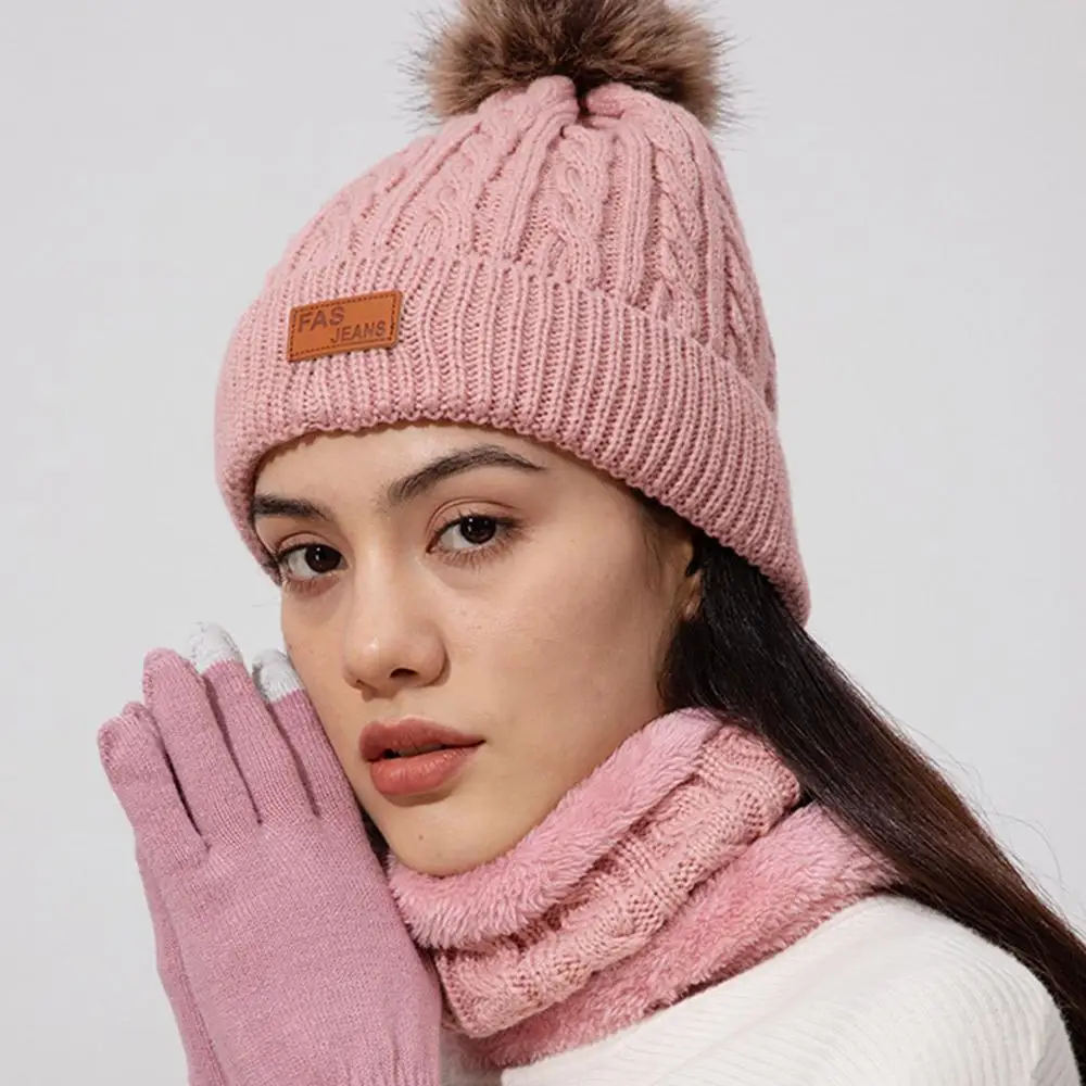 Set Sarung Tangan Syal Beanie Wanita Musim Dingin Korea Sarung Tangan Layar Sentuh Rajutan Hangat Penghangat Leher Cuaca Dingin Tebal