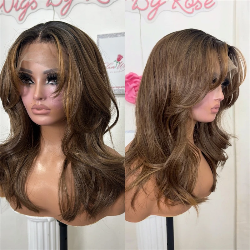 

New In Ombre Dark Brown Highlights Synthetic HD Lace Front Wig for Black White Women Glueless Preplucked Hairline Party Daily