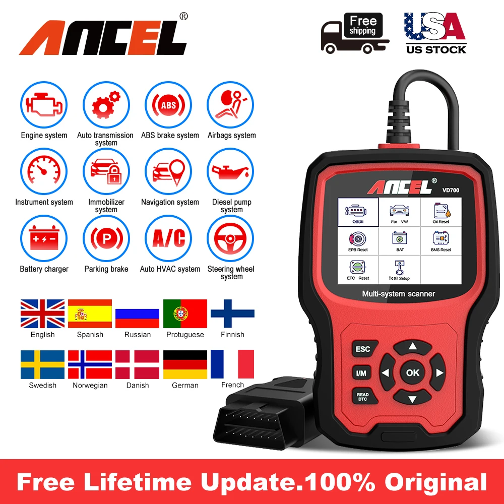 Ancel-escáner automotriz VD700 OBD2, EPB, ABS, DPF, Airbag, reinicio de aceite, lector de código, sistemas completos, herramientas de diagnóstico